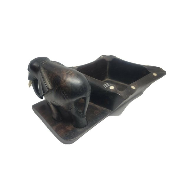 ELEPHANT | Hand Carved wood sculpture w/Tusks Dark wood with attached Dish - Picture 7 of 11